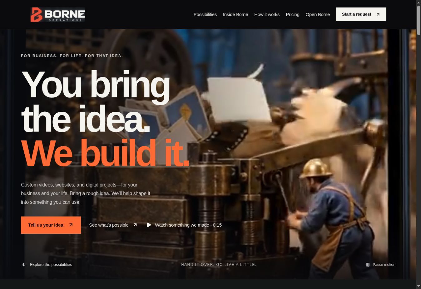 The Borne website with the headline: You bring the idea. We build it.